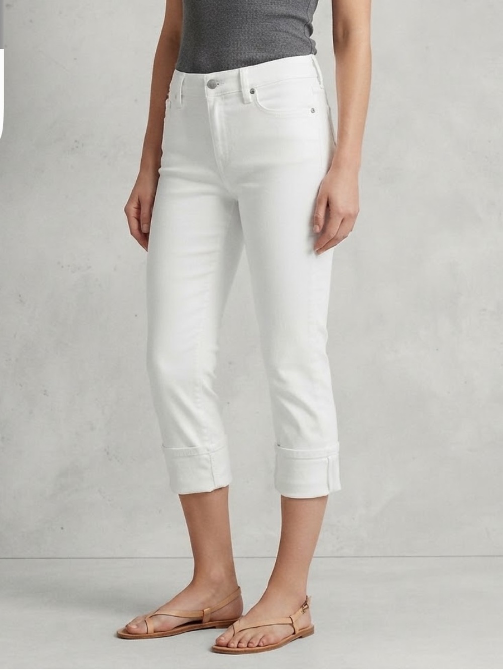 NYDJ White Denim Capri Pants Women's Size 2 Cuffed Roll Cuff Stretch Cotton